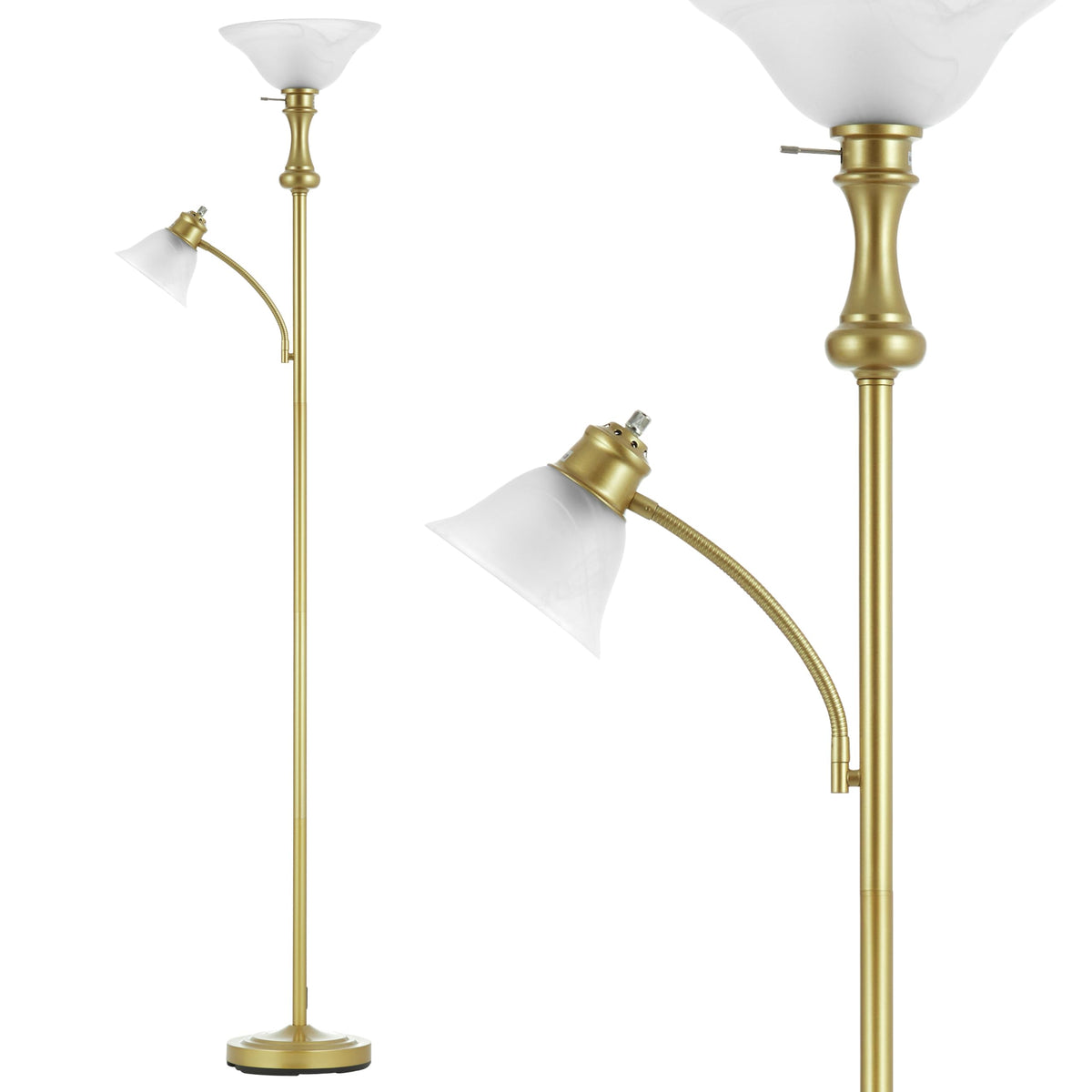 Torchiere Glod Floor Lamp with Adjustable Angle Reading Lamp-71IN