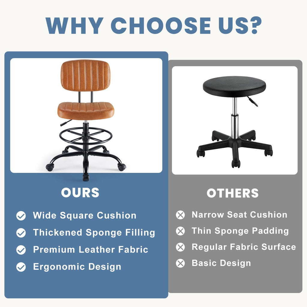 Armless Drafting Chair, Low Back Office Seat with Adjustable Footrest Ring for Standing Desk, Ergonomic PU Leather Office Seating, Swivel Rolling High Stool for Studio, Lab, Counter, Brown