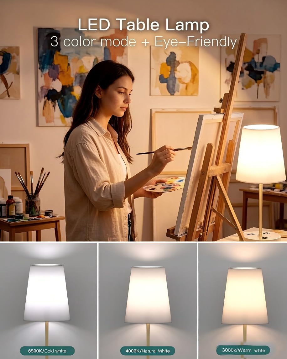 Bedroom Table Lamp, Bedside Lamp with AC Outlet and USB C Charging Ports(PD 20W), 3-Way Dimmable Lamp with Switch, Lamps with Shade for Night Stands, Living Room, Desk, and Home Office, 6.5Ft