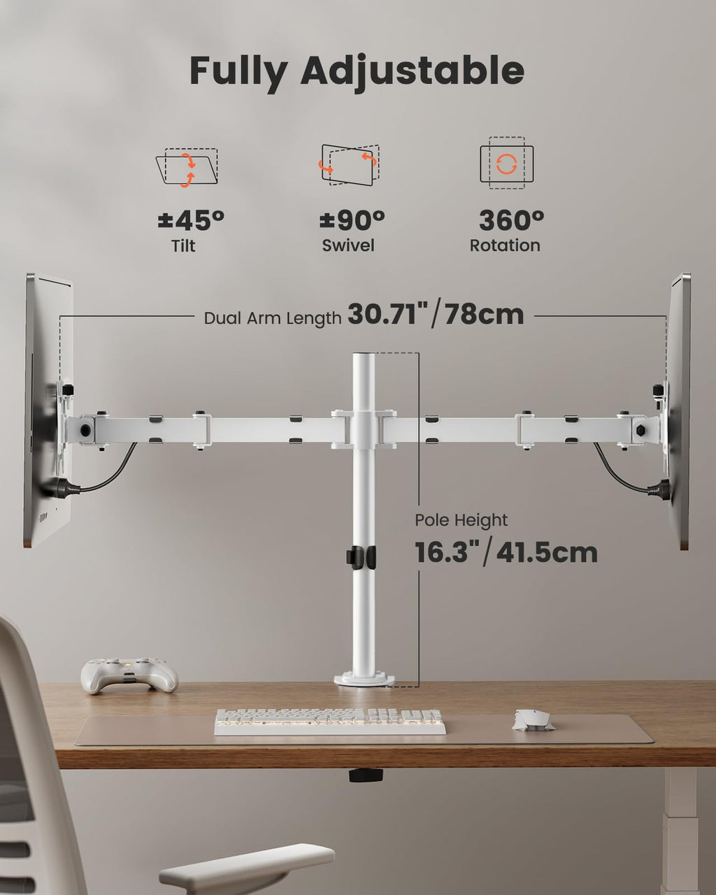 Fully Adjustable Dual Monitor Mount for 2 Screens up to 32 Inches, Holds up to 17.6 lbs Each Arm, Desk Stand, White