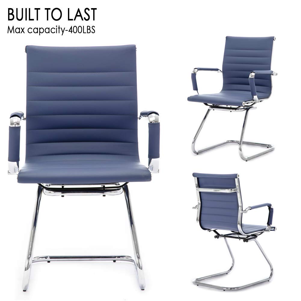 Office Desk Chair Set of 8,No Wheels PU Leather Computer Chairs Mid Back Guest Chairs with Seld Base for School/Reception/Conference/Waiting Room,Navy Blue