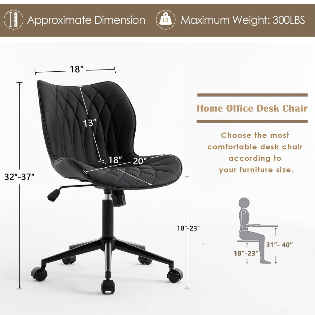 Armless Desk Chair Comfy Office Chair with Wheels Home Ergonomic Task Chair Adjustable Computer Chairs Modern Faux Leather Swivel Chair Upholstered Makeup Vanity Chair with Back(Black)