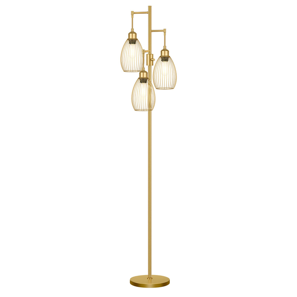 Floor Lamp, 3 x 800LM LED Edison Bulbs Included, Farmhouse Industrial Floor Lamp Standing Tree Lamp with Elegant Teardrop Cage Head Tall Lamp for Living Room Bedroom Office Dining Room - Gold