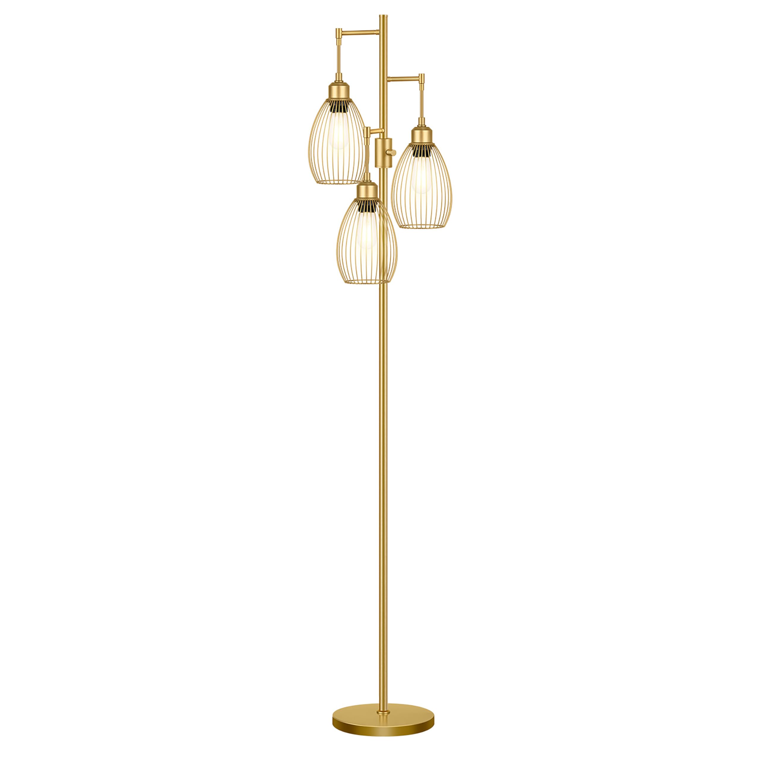 Floor Lamp, 3 x 800LM LED Edison Bulbs Included, Farmhouse Industrial Floor Lamp Standing Tree Lamp with Elegant Teardrop Cage Head Tall Lamp for Living Room Bedroom Office Dining Room - Gold