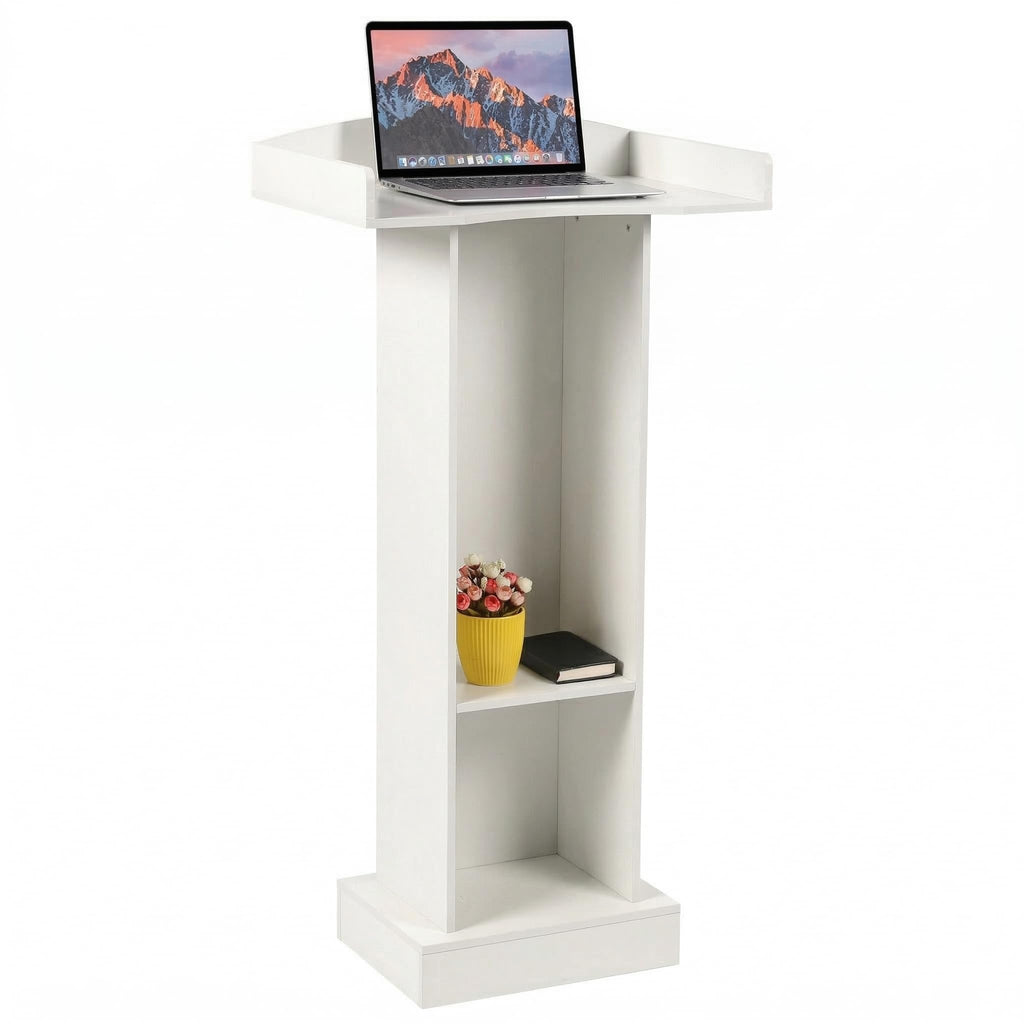 Podium Stand for Lectern Presentation Church Classroom, White Pulpit with Wooden Heavy Base, Podium for Lecture, Wedding Speech