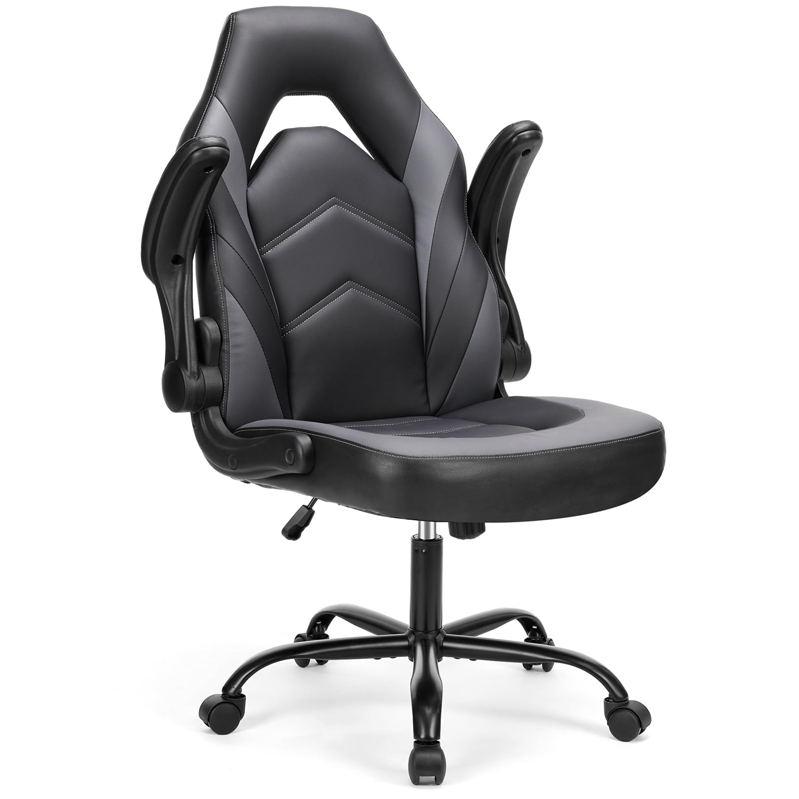 Computer Video Game Desk Chair - Ergonomic Comfy Lumbar Support, PU Leather with Flip-up Armrest, Height Adjustable and 360° Swivel, for Adults, Black Grey