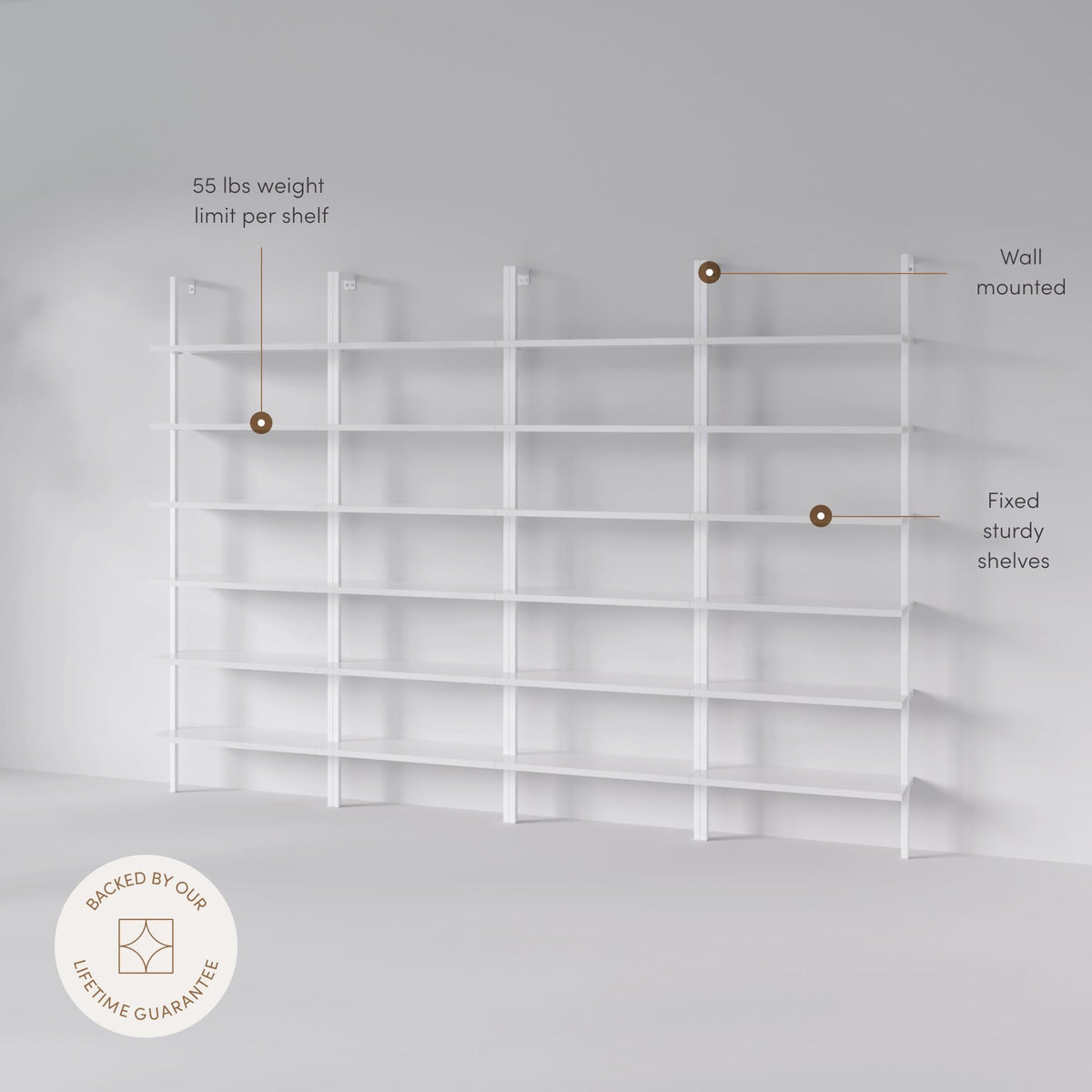 Set of 4, 6-Shelf Tall Modern Bookshelf, Wall Mount Ladder Shelf Bookcase with White Wood and Industrial Metal Frame, Matte White/White