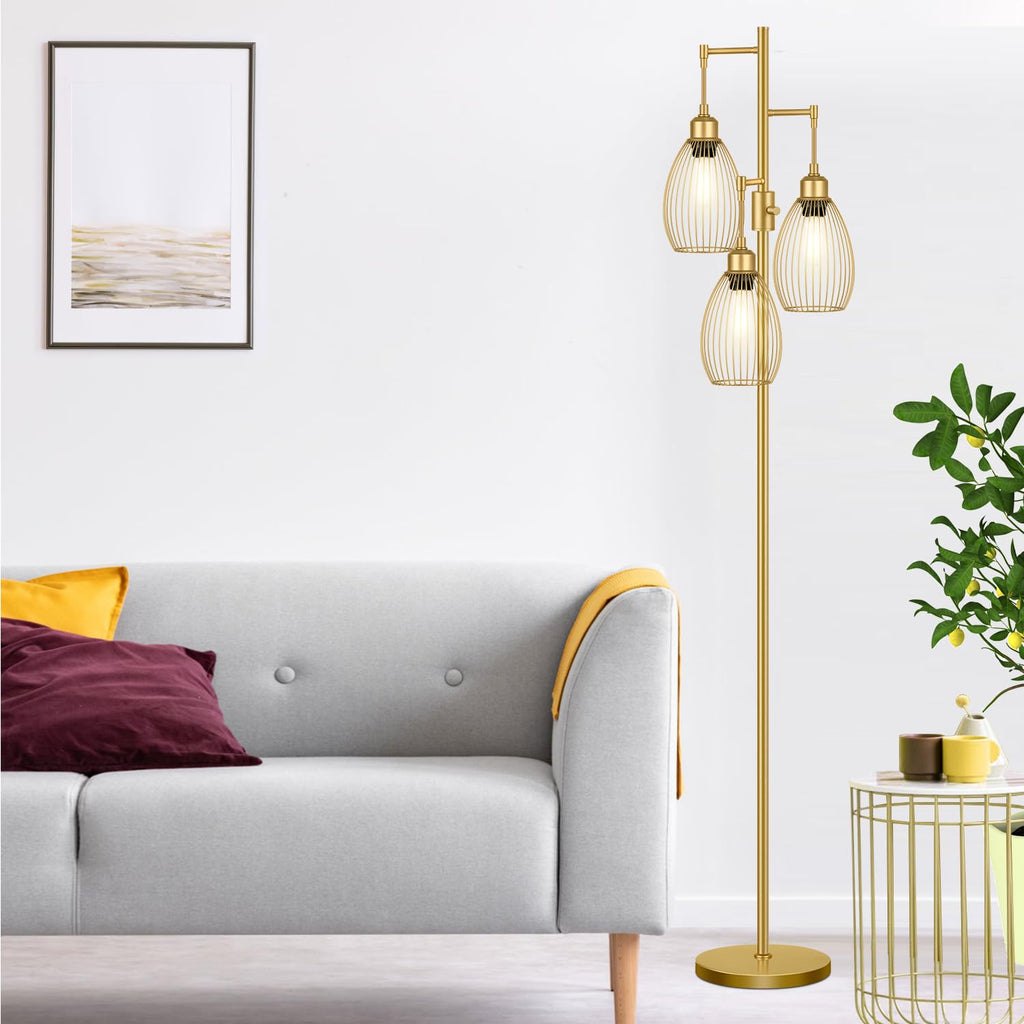 Floor Lamp, 3 x 800LM LED Edison Bulbs Included, Farmhouse Industrial Floor Lamp Standing Tree Lamp with Elegant Teardrop Cage Head Tall Lamp for Living Room Bedroom Office Dining Room - Gold