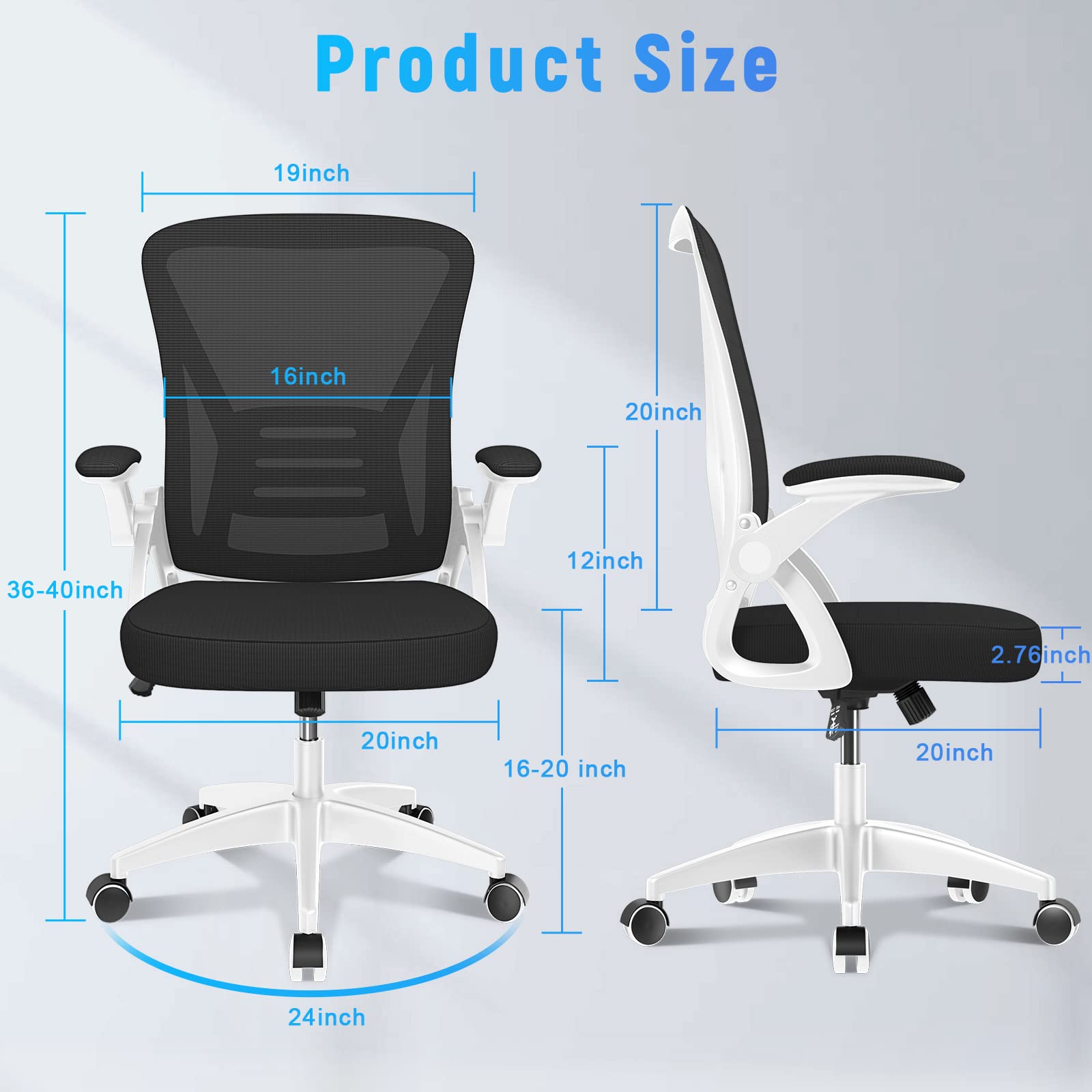 Ergonomic Office Chair, Mid-Back Computer Chair with Adjustable Height, Flip-Up Arms and Lumbar Support, Breathable Bright White Mesh Desk Chair for Home Study Working