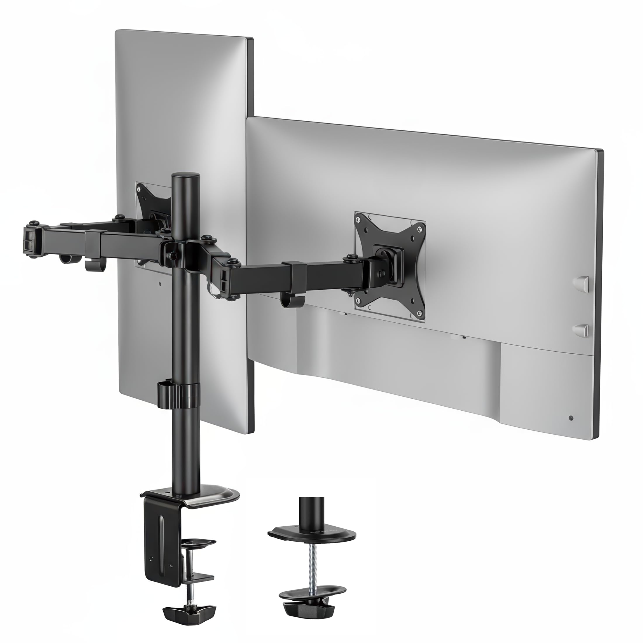 Dual Monitor Stand, Full Motion Desk Mount for 2 Screens up to 32” and 19.8 lbs Each, Tilt Swivel Rotate, VESA 75x75 & 100x100, Adjustable Dual Screen Arm with C-Clamp or Grommet