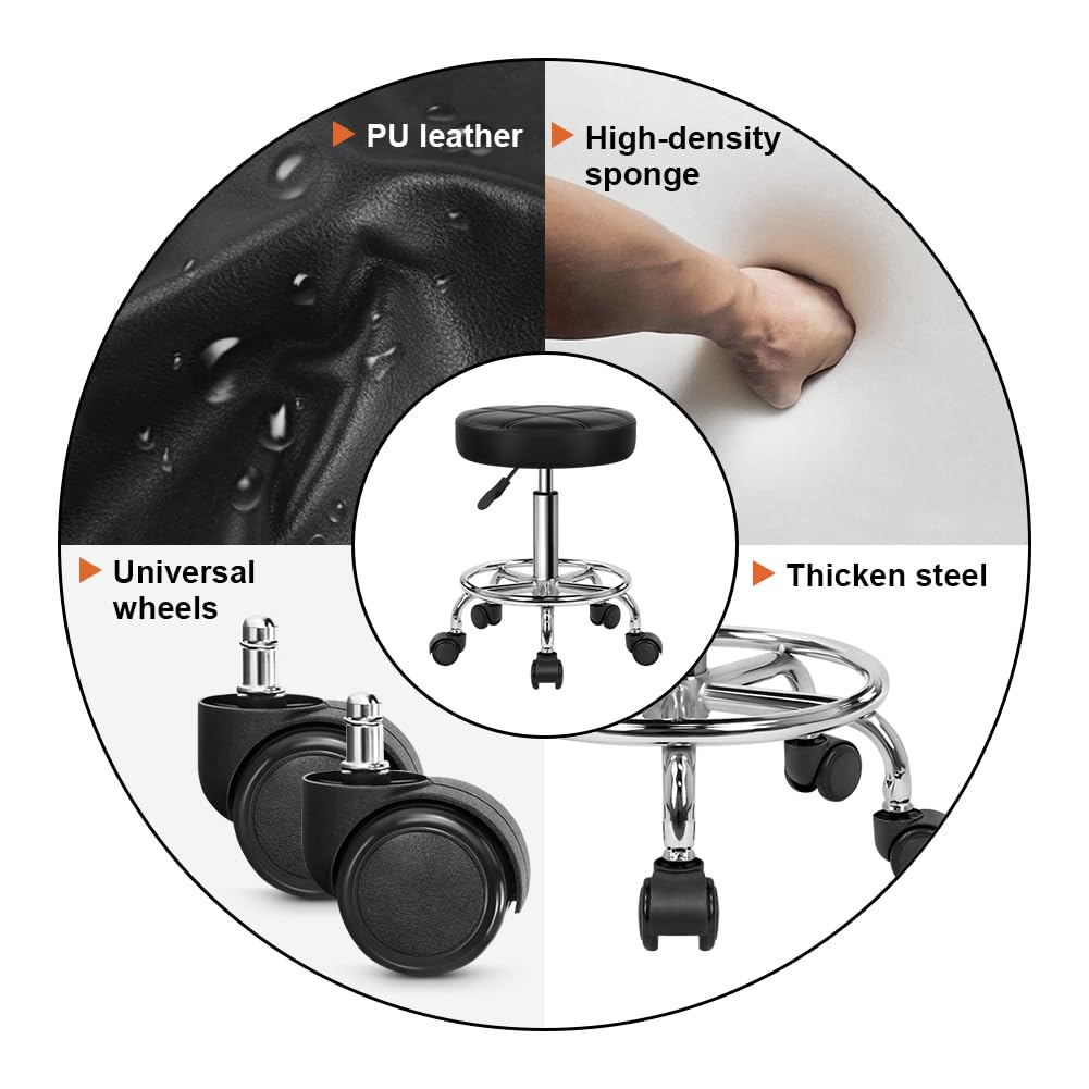 Round Rolling Stool Chair PU Leather Height Adjustable Swivel Drafting Work SPA Shop Medical Salon Stools with Wheels Office Chair Small (Black)
