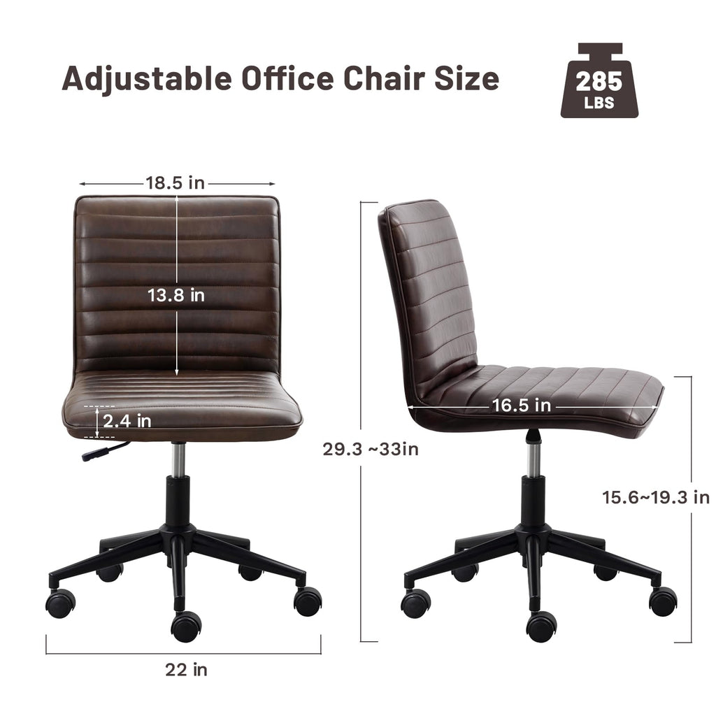 PU Leather Office Desk Chair, Armless Vanity Chair with Wheels 360° Swivel Mid Back Height Adjustable, Computer Rolling Chairs with Gold Metal Base Stool, Black Brown