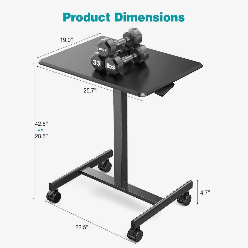 Small Standing Desk Mobile Portable Rolling Laptop PC Table on Wheels Adjustable Height Computer Workstation for Home Office, Space Saving Desk for Bedroom Study Use, 19 Inch, Black