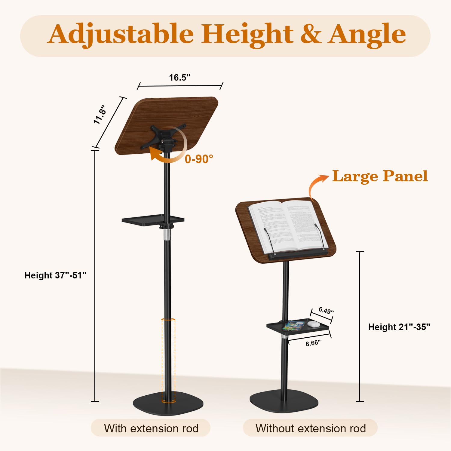 Lectern Podium Stand with Storage Tray, Height Adjustable Lectern Stand Mobile Podium, Portable Floor Standing Podium Lectern for Church, Weddings, Classroom, Speech