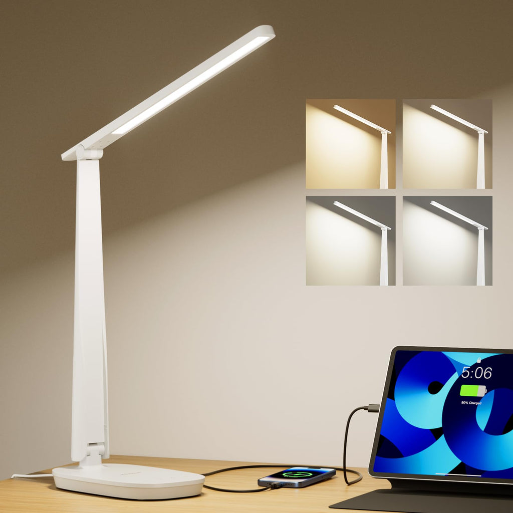 LED Desk Lamp for Home Office, Eye-Caring Dimmable Reading Light with 4 Color Modes, Touch Control, USB-A & USB-C Charging Ports, Adjustable Head, Timer for Bedroom & Small Desks