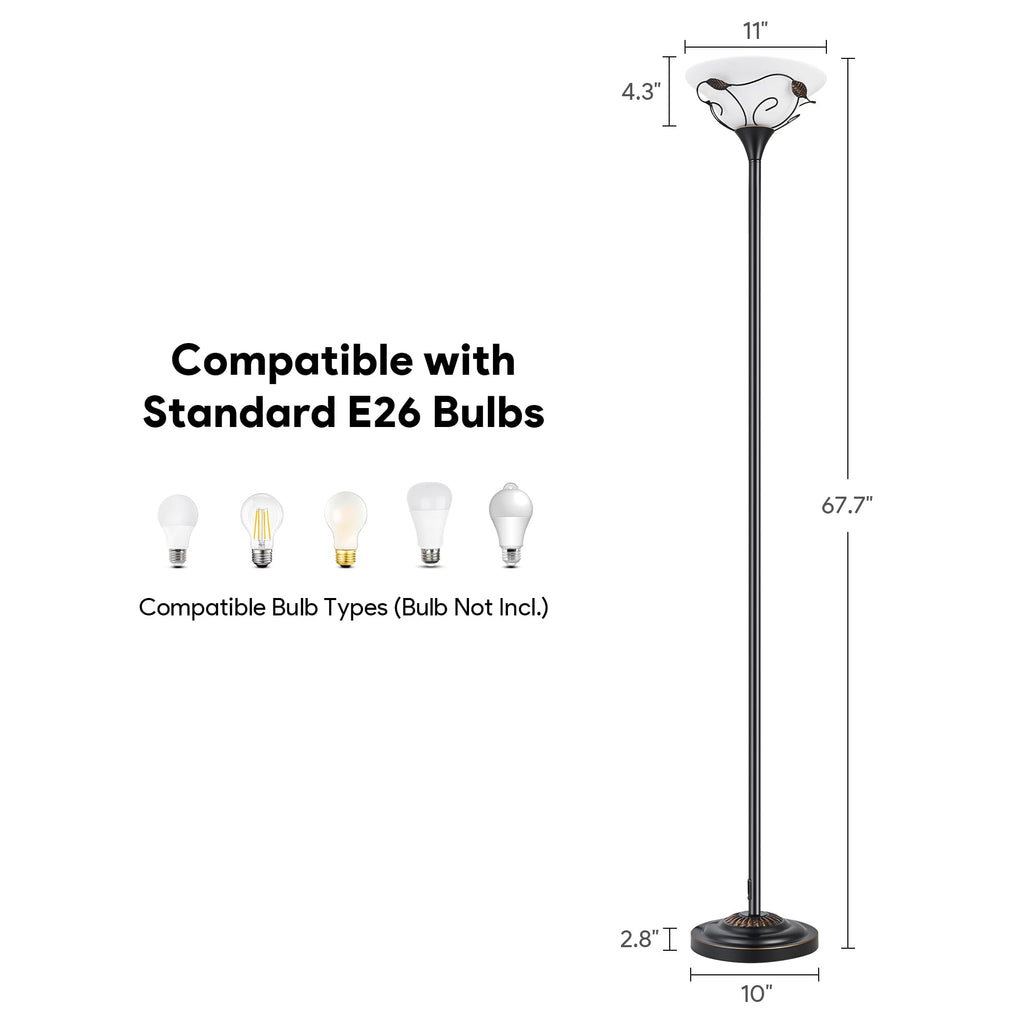 68" Torchiere Floor Lamp, Frosted Glass Shade Vintage Standing Lamp