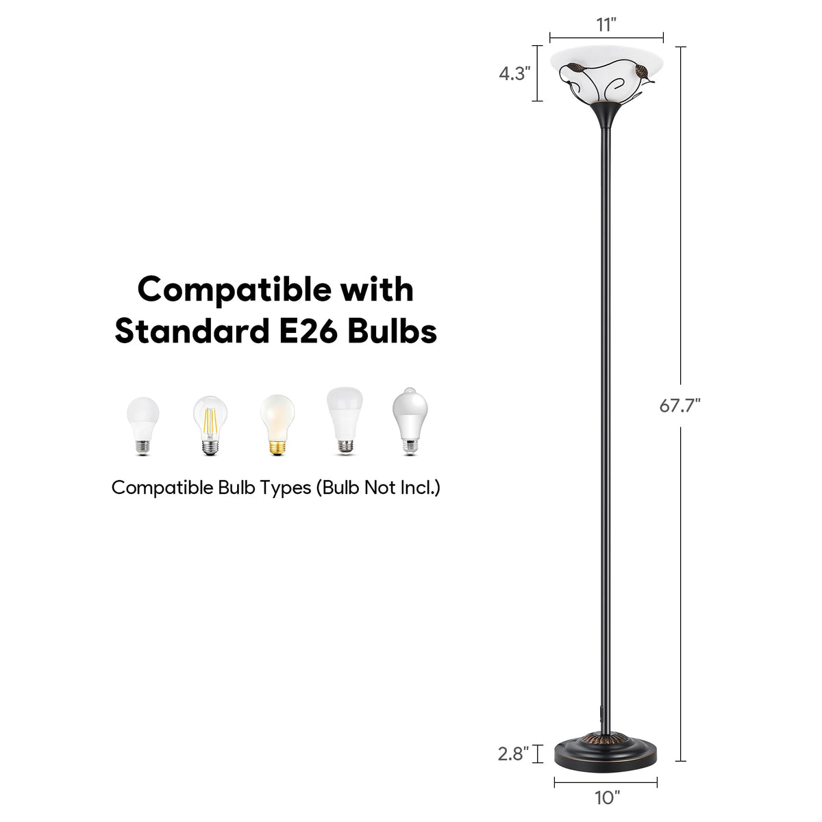 68" Torchiere Floor Lamp, Frosted Glass Shade Vintage Standing Lamp