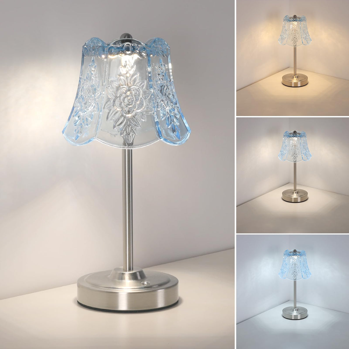 Cordless Touch Table Lamp with 5200mAh Battery - 3 Adjustable Color Temperatures & Dimmable, Rechargeable Lamp for Bedroom, Living Room, Office, Entryway, Bookshelves (Clear Light Blue Rose)