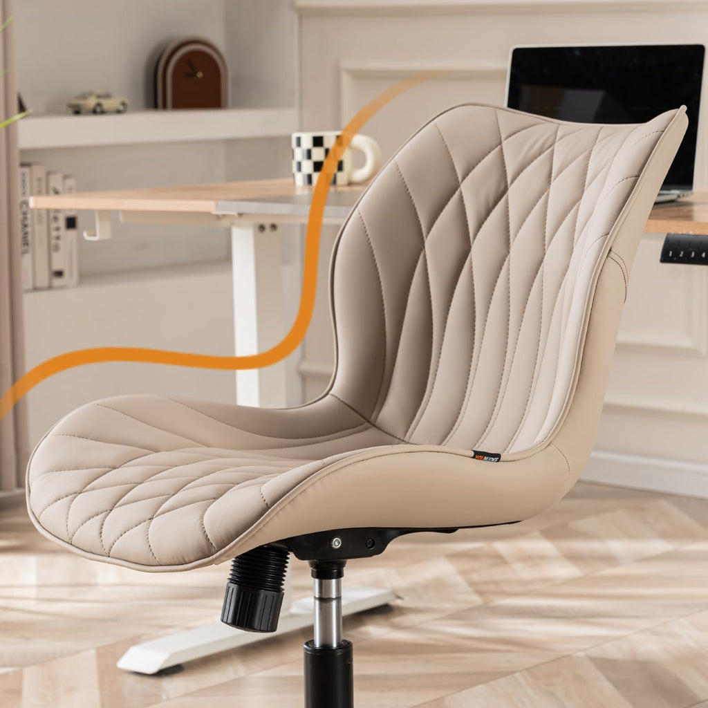 Armless Desk Chair Comfy Office Chair with Wheels Home Ergonomic Task Chair Adjustable Computer Chairs Modern Faux Leather Swivel Chair Upholstered Makeup Vanity Chair with Back(Khaki)