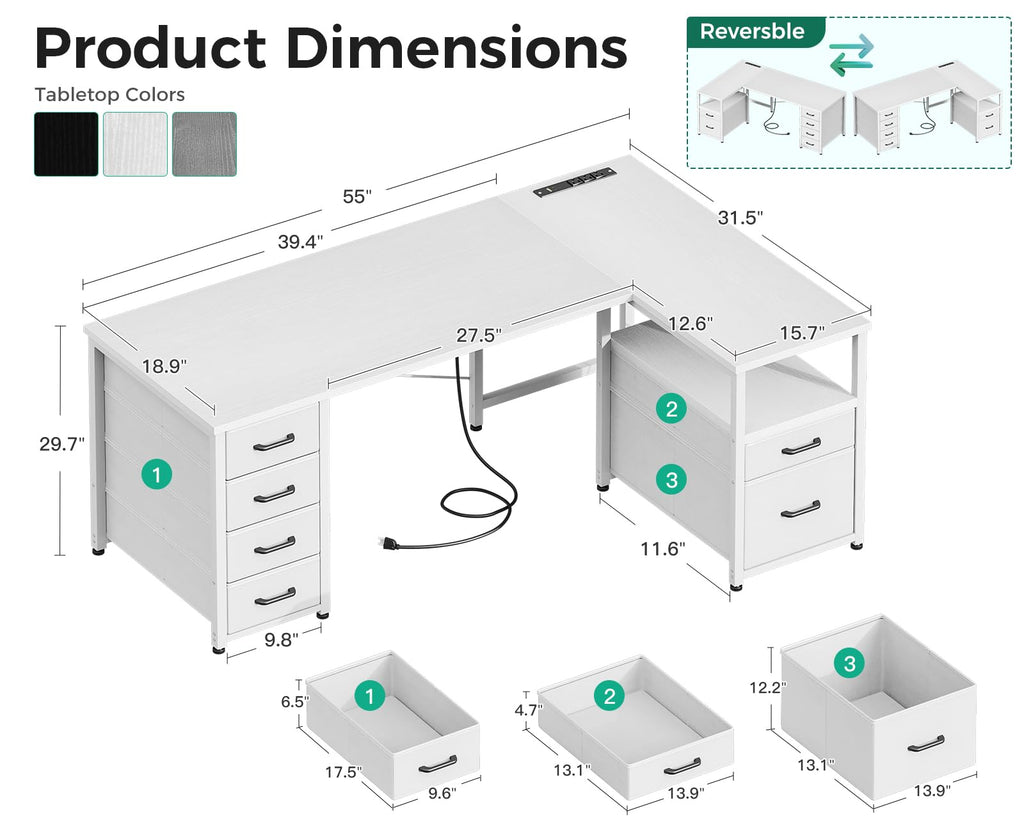 L Shaped Computer Desk with 6 Drawers & Power Outlet, 55 Inch Corner Desk with Reversible Storage Shelf & File Drawer, Home Office Desk, White