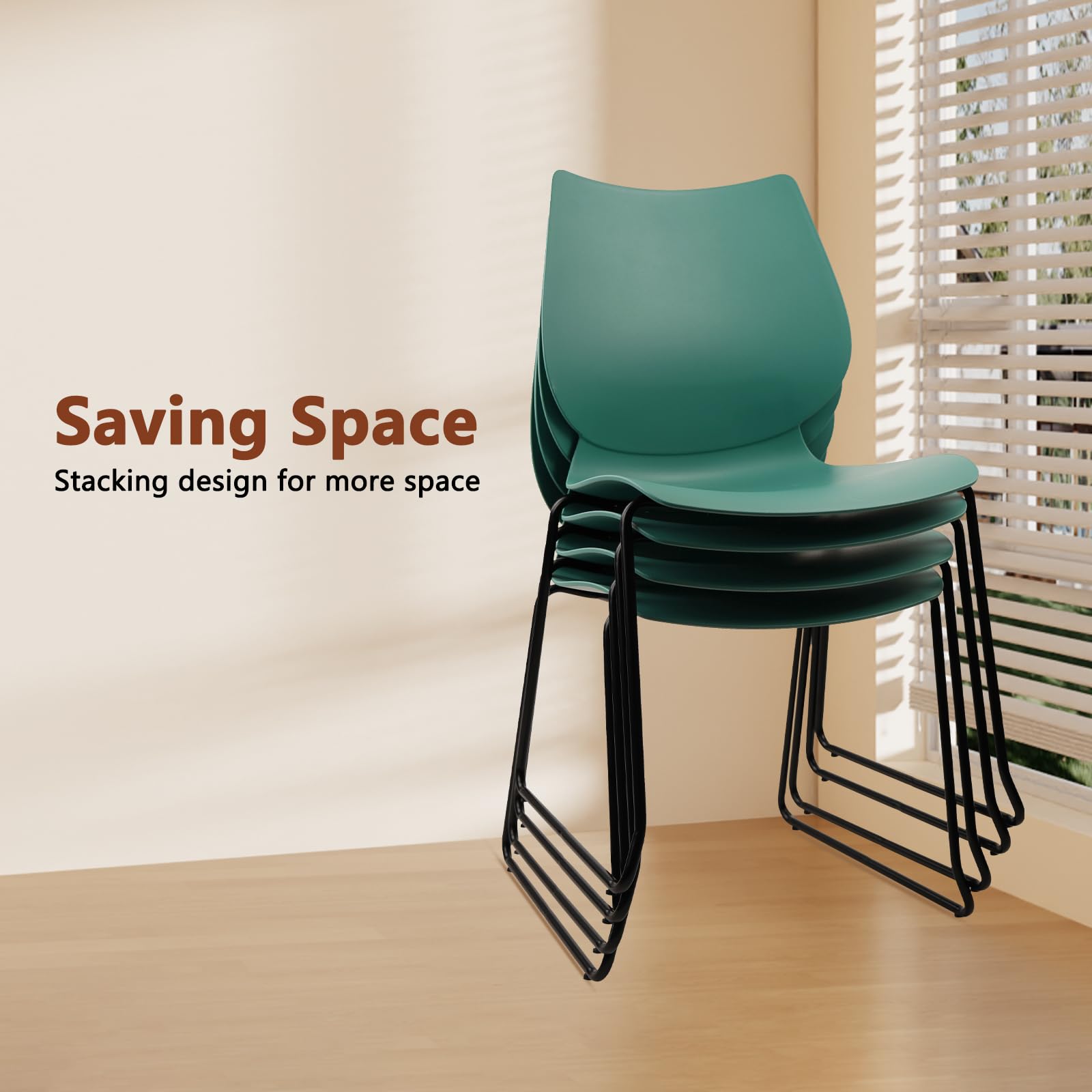 Set of 8, Stackable Waiting Room Chair, Stacking Office Chair with Ergonomic Lumbar Support and Metal Legs, Plastic Desk Chairs for Conference School Church Guest Reception, Green