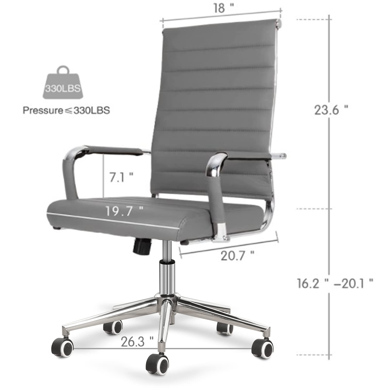 Office Chair Ribbed, Modern Leather Conference Waiting Room Chairs,Ergonomic Office Desk Chair, High Back Executive Computer Chair, Adjustable Swivel Chair with Arms (Gray)