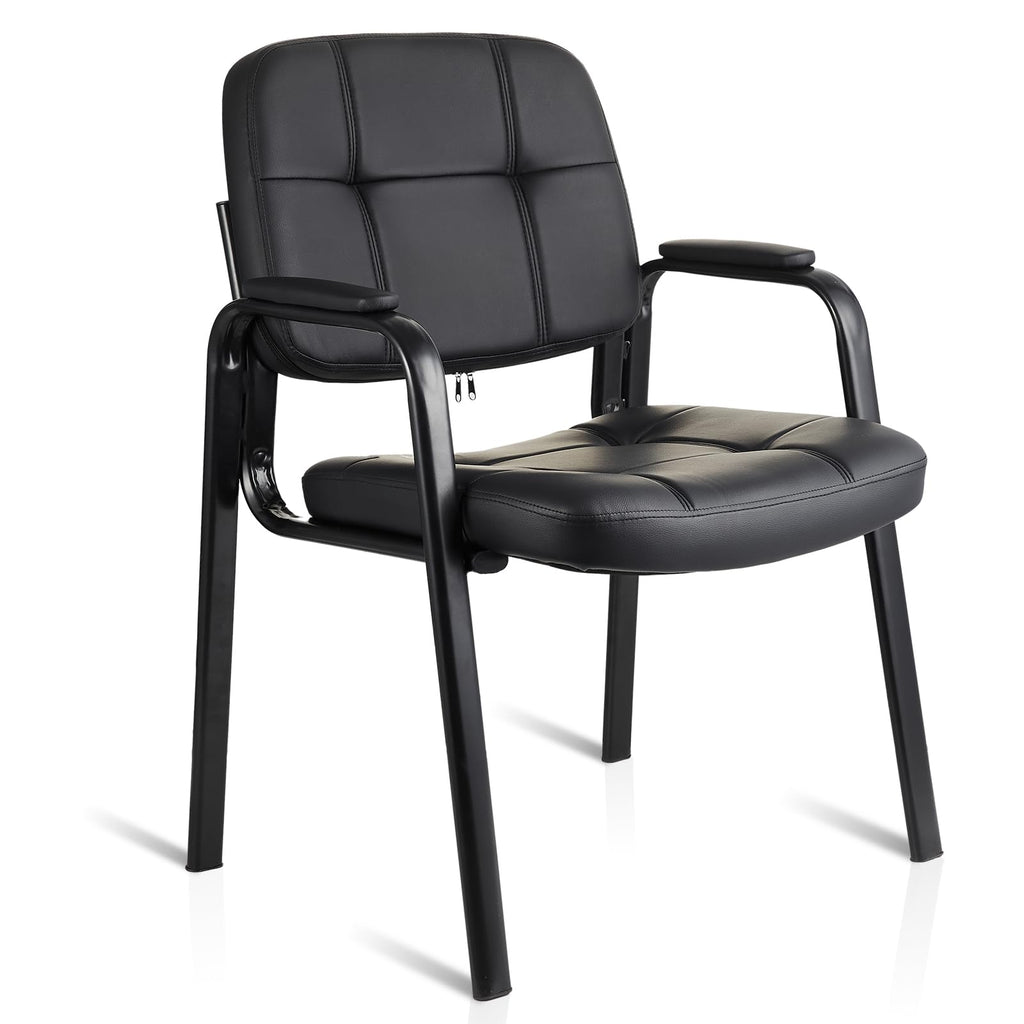 Waiting Room Guest Chair with Bonded Leather Padded Arm Rest for Office Reception and Conference Desk Black