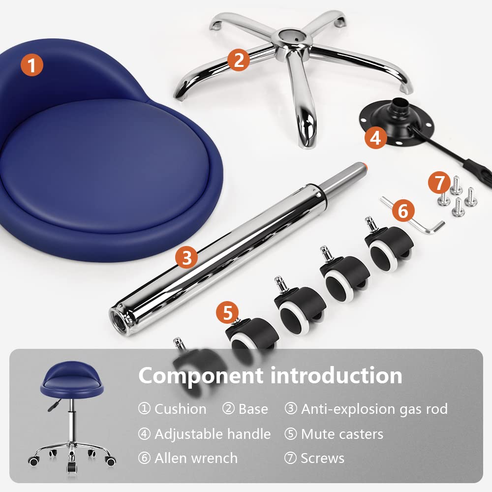PU Leather Round Rolling Stool with Back Rest Height Adjustable Swivel Drafting Work SPA Task Chair with Wheels (Blue)