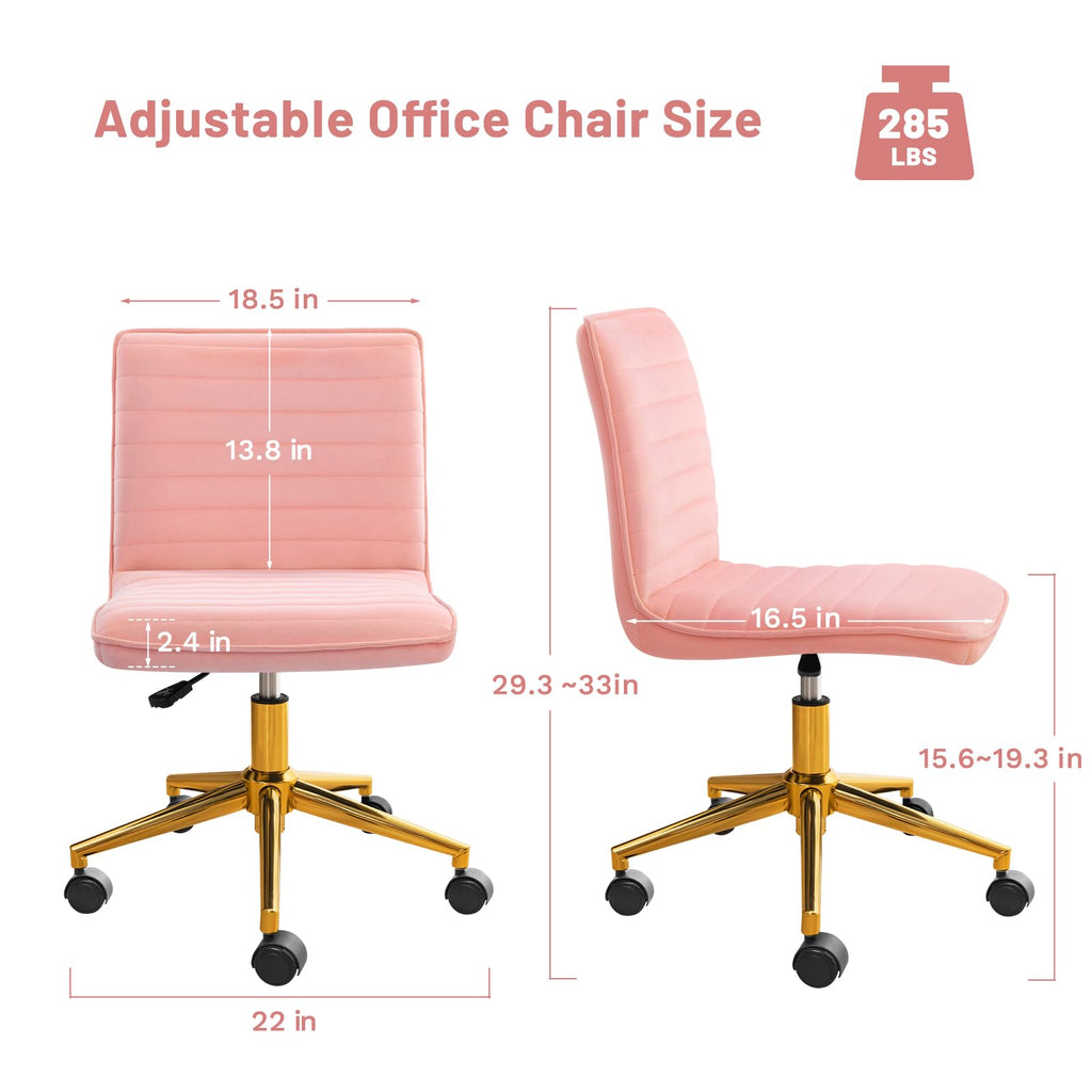 Armless Vanity Chair with Wheels, Computer Rolling Desk Chair with Back, Pink Office Chair with Height Adjustable Soft Velvet Fabic Gold Metal Base Stool,Pink