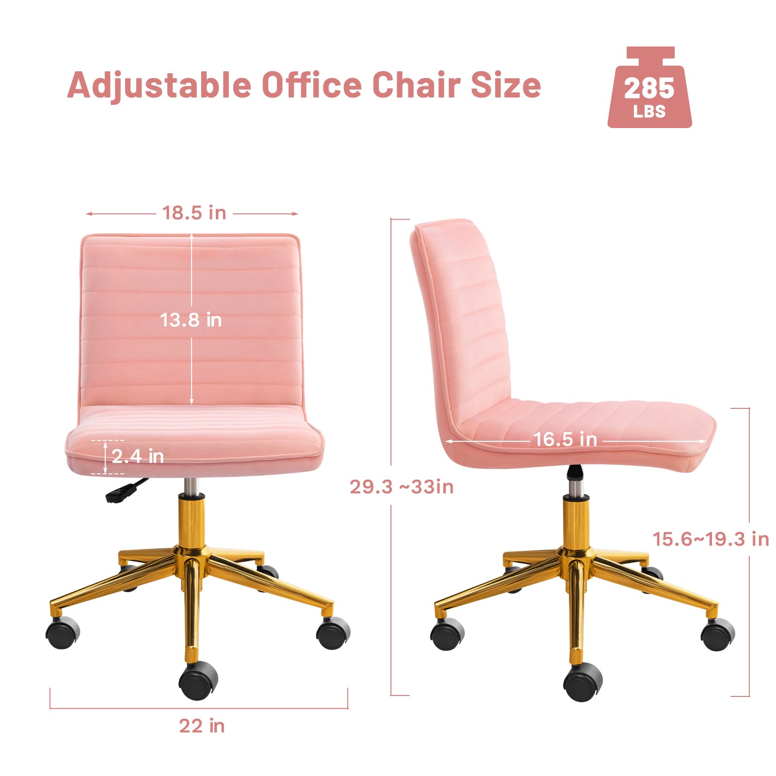 Armless Vanity Chair with Wheels, Computer Rolling Desk Chair with Back, Pink Office Chair with Height Adjustable Soft Velvet Fabic Gold Metal Base Stool,Pink