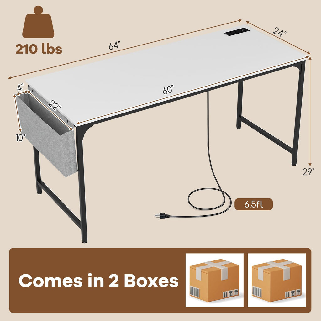 60" Conference Desk Set of 2, Modern Boardroom Desk with Storage Bag, Headphone Hook, Sturdy Metal Frame, Rectangular Seminar Table with Charging Station