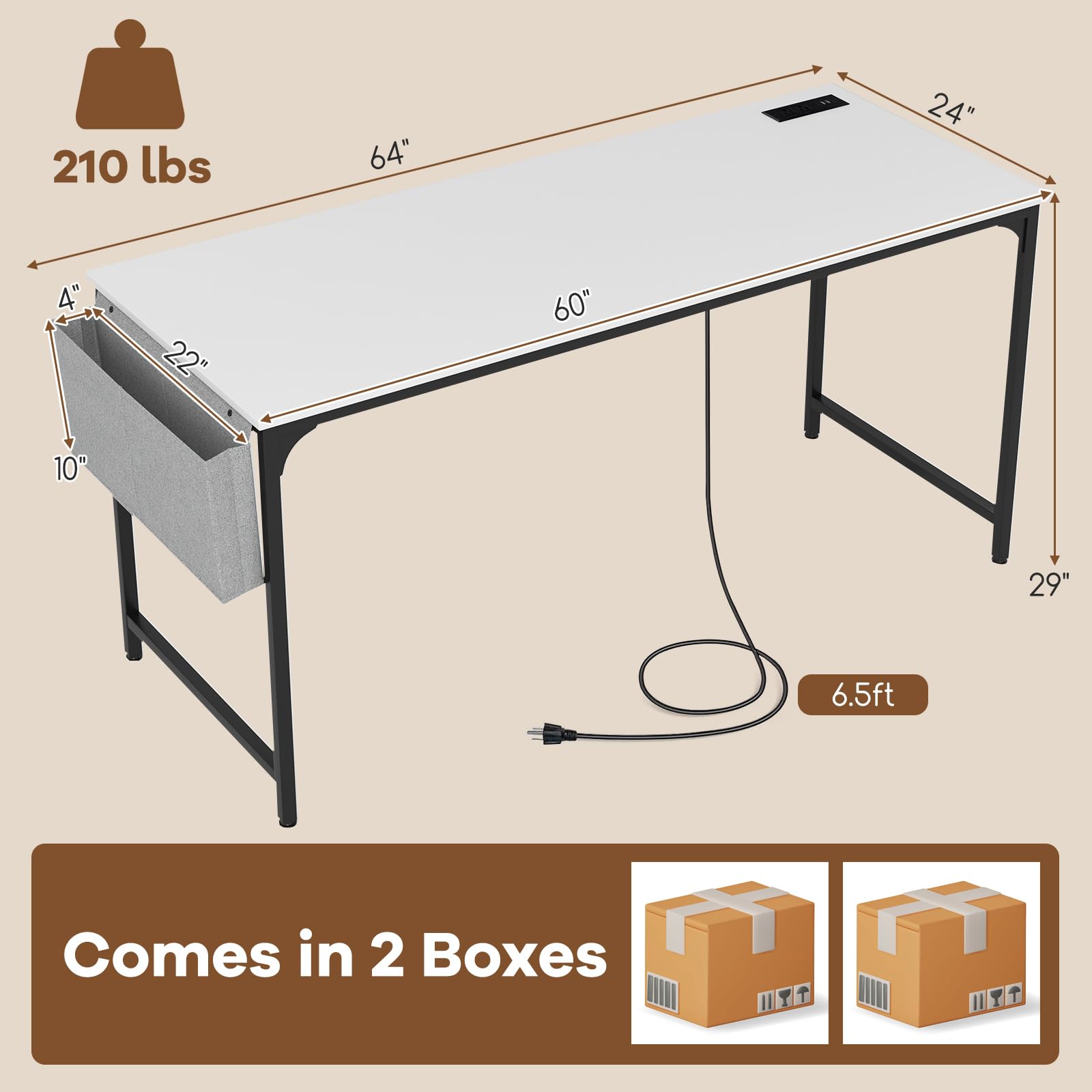 60" Conference Desk Set of 2, Modern Boardroom Desk with Storage Bag, Headphone Hook, Sturdy Metal Frame, Rectangular Seminar Table with Charging Station