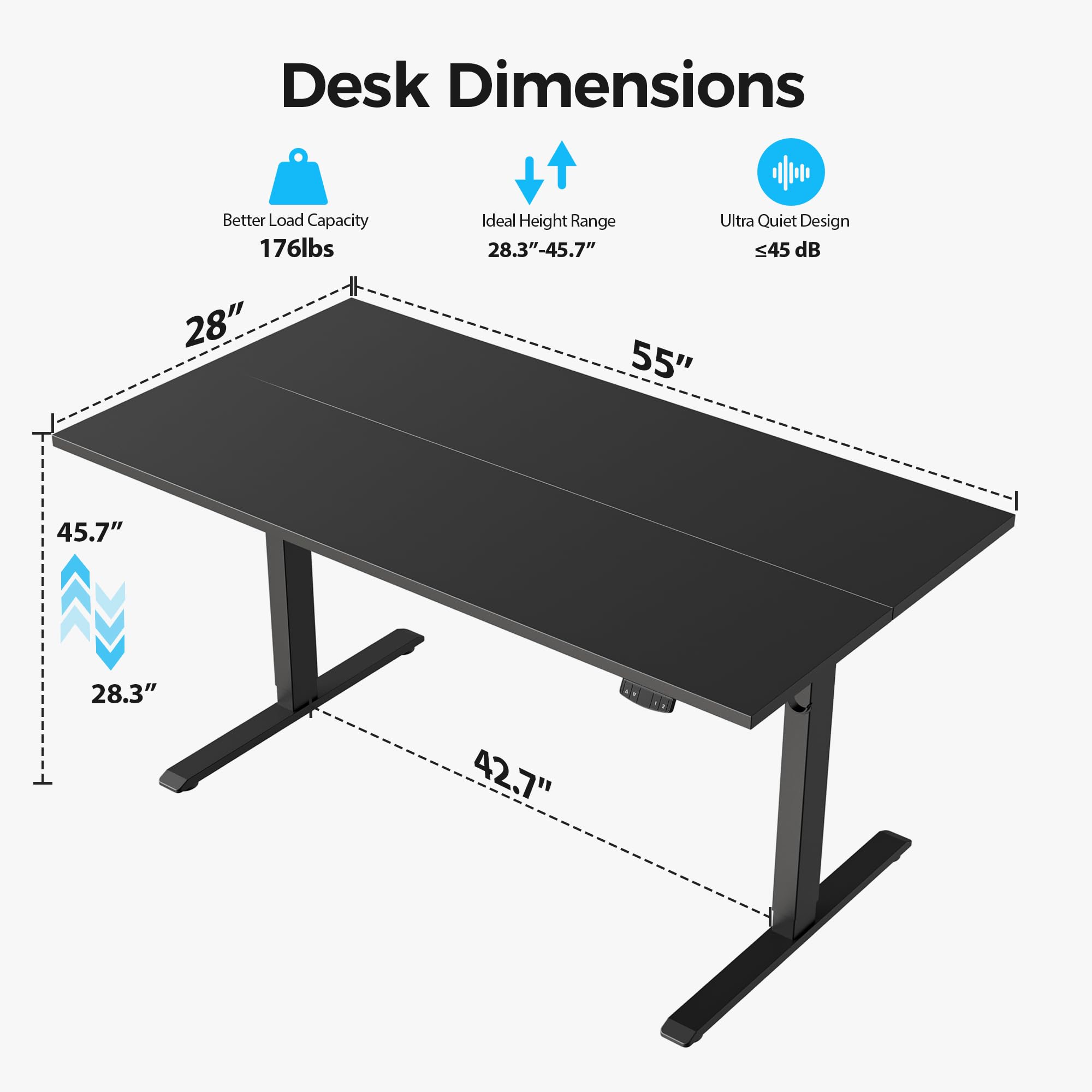 Electric Standing Desk, 55 x 28 Inches Height Adjustable Desk, Sit Stand up for Work Office Home, Ergonomic Rising Computer Table with Memory Preset, Black