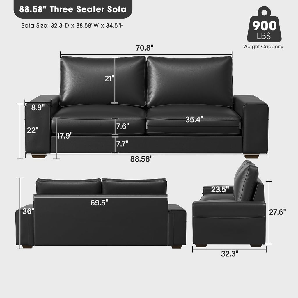 Faux Leather Couch, Mid Century Modern Comfy Loveseat Sofa with Wide Arm, Side Pockets, Solid Wooden Frame for Office, Living Room and Bedroom, 3 Seater (Black, 88.58 inches)