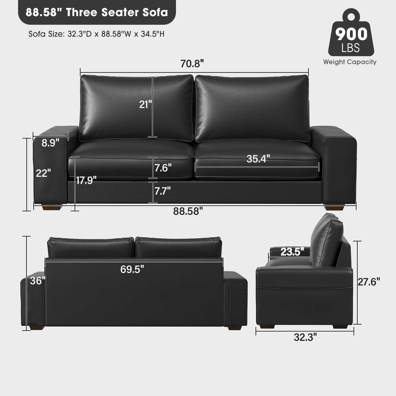 Faux Leather Couch, Mid Century Modern Comfy Loveseat Sofa with Wide Arm, Side Pockets, Solid Wooden Frame for Office, Living Room and Bedroom, 3 Seater (Black, 88.58 inches)