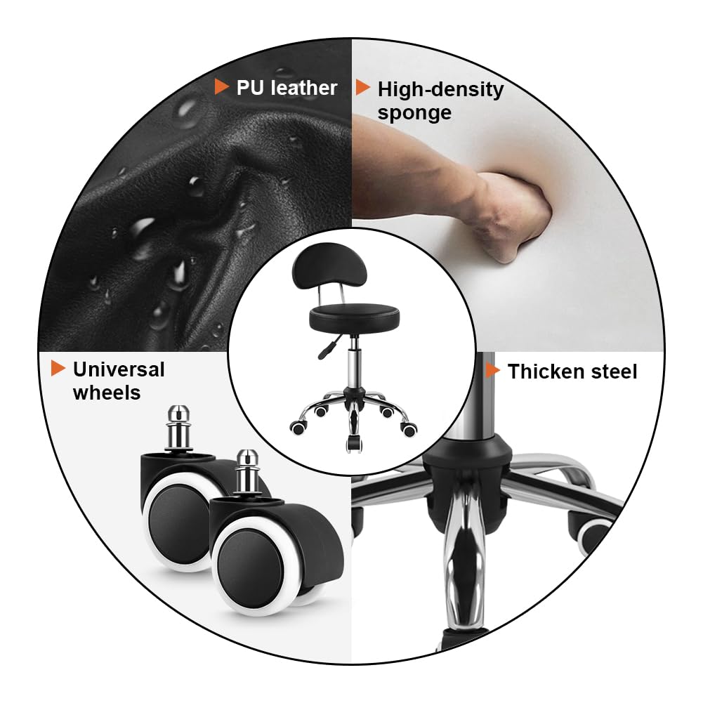 Rolling Stool with Mid Back Height Adjustable Chair PU Leather Swivel Chair with Wheels for Office Home Task Drafting (Black)