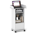 Podium Stand Portable,Mobile Pulpit Podium with Lockable Wheels,Wooden Hostess Stand Reception Desk with Adjustable Shelf and Storage Cabinet for Churches Conference School