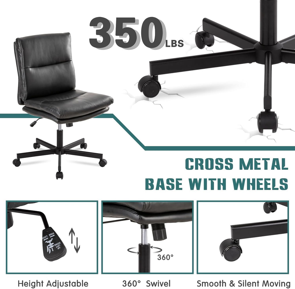 Armless Office Desk Chair with Wheels, Mid-Back Criss Cross Swivel Task Chair, Height Adjustable Cushioned Vanity Chair, Double Padded PU-Leather Chairs for Home, Office & Bedroom (Black)