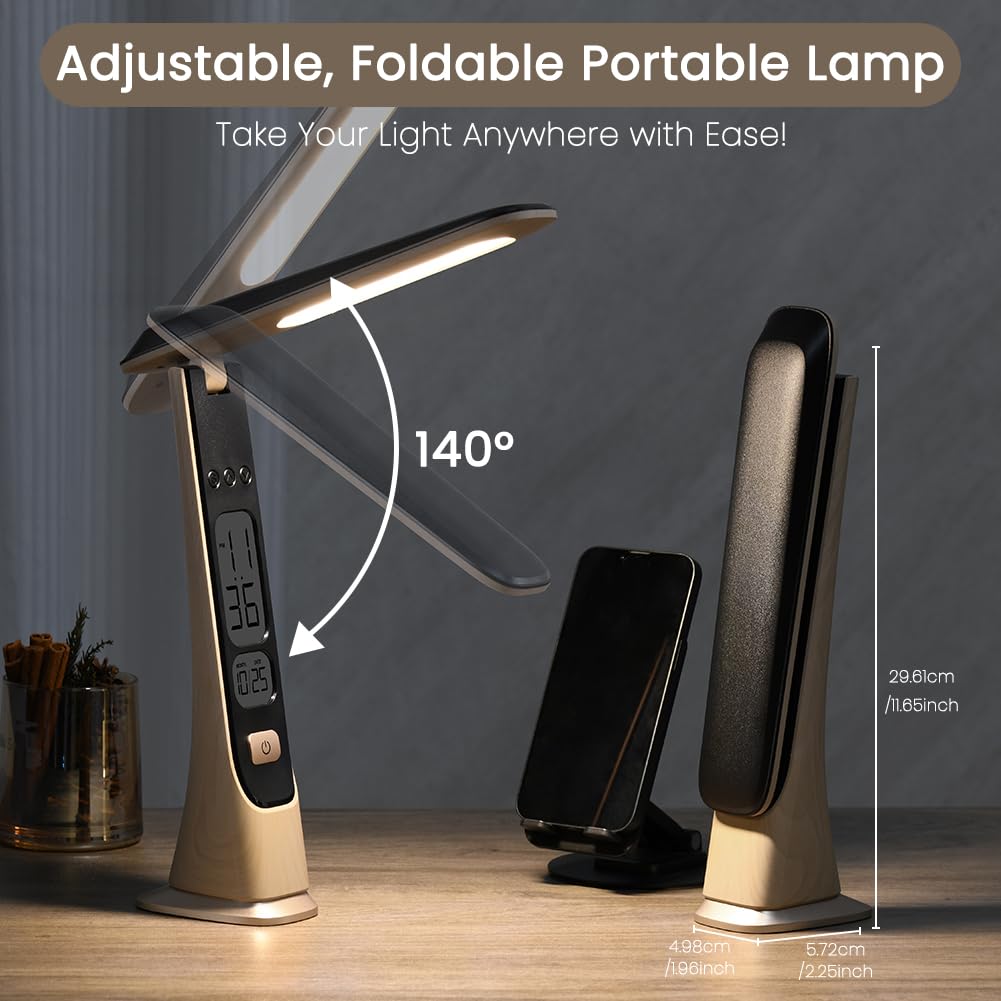 Rechargeable Lamps Cordless Table Lamp, Foldable Portable Desk Lamp, Battery Operated Lights with Stepless Brightness&Time Display for Home Office, Book Lights, Desk Accesories, Tea White