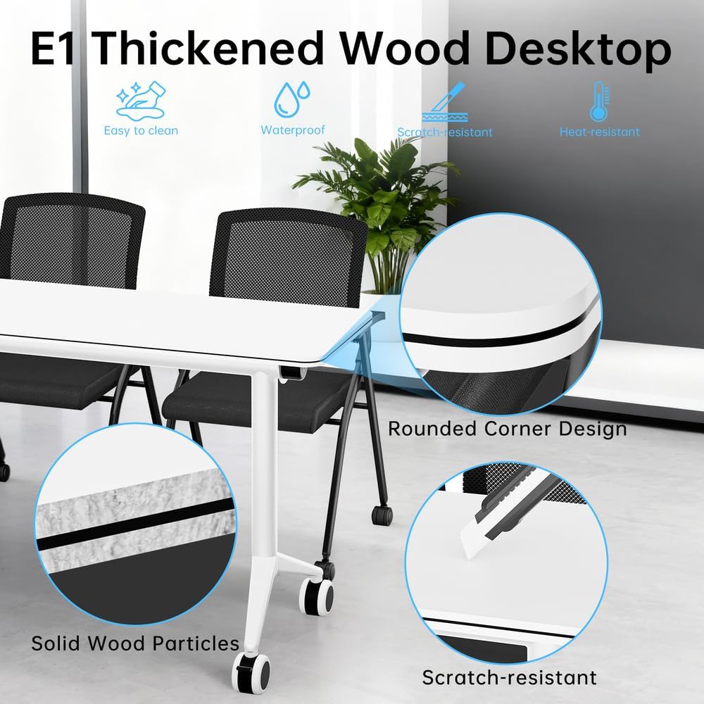 12 Pack Flip Top Training Table with Lockable Wheels, Mobile Nesting Folding Conference Table, Space Saving Seminar Desk for Classroom, Office, Library (White, 47"×16"×30")