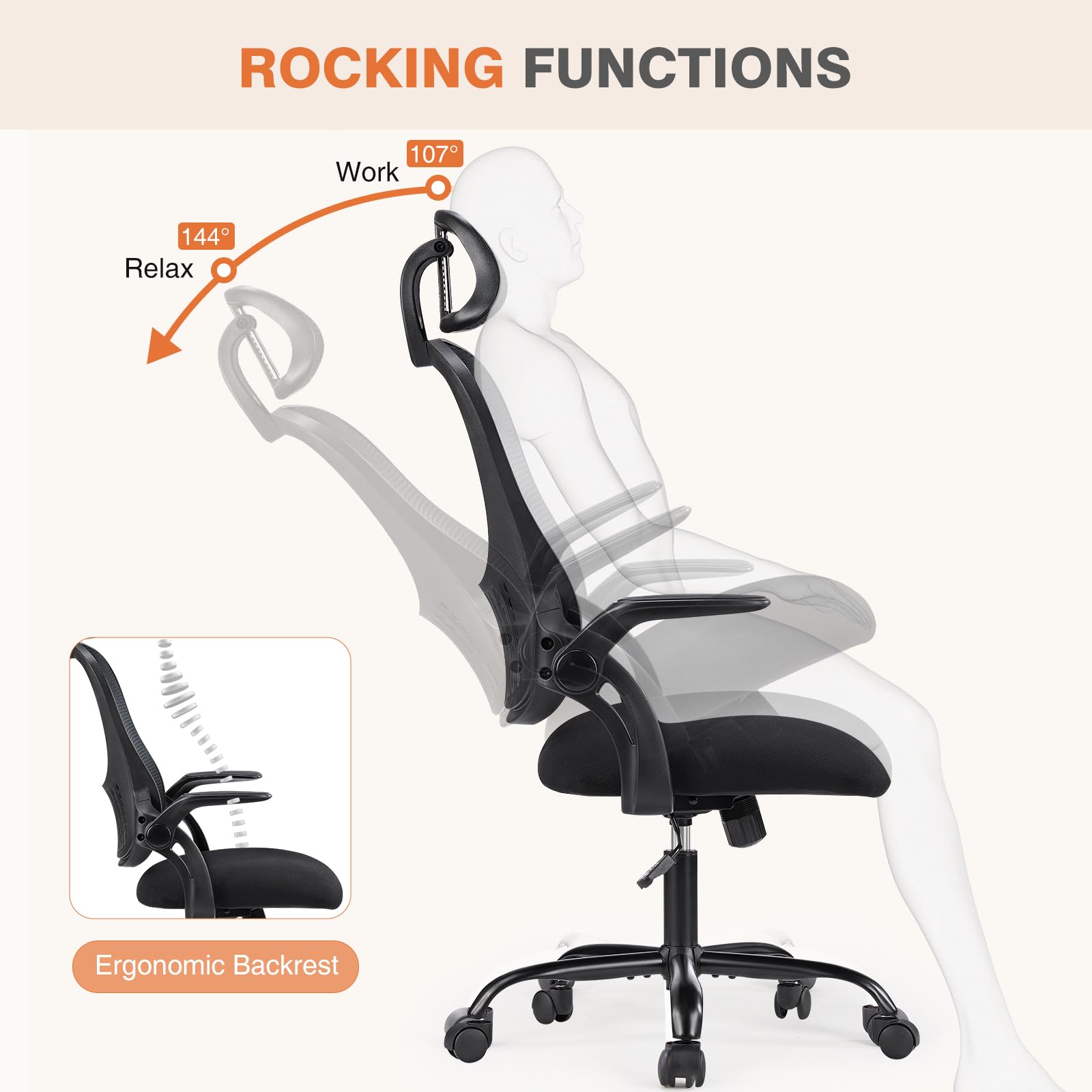 Home Office Managerial Executive Chair, High-Back Mesh with Adjustable Headrest, Flip-up Armrest Comfortable Lumbar Support, Comfy Arms for Bedroom,Study,Student