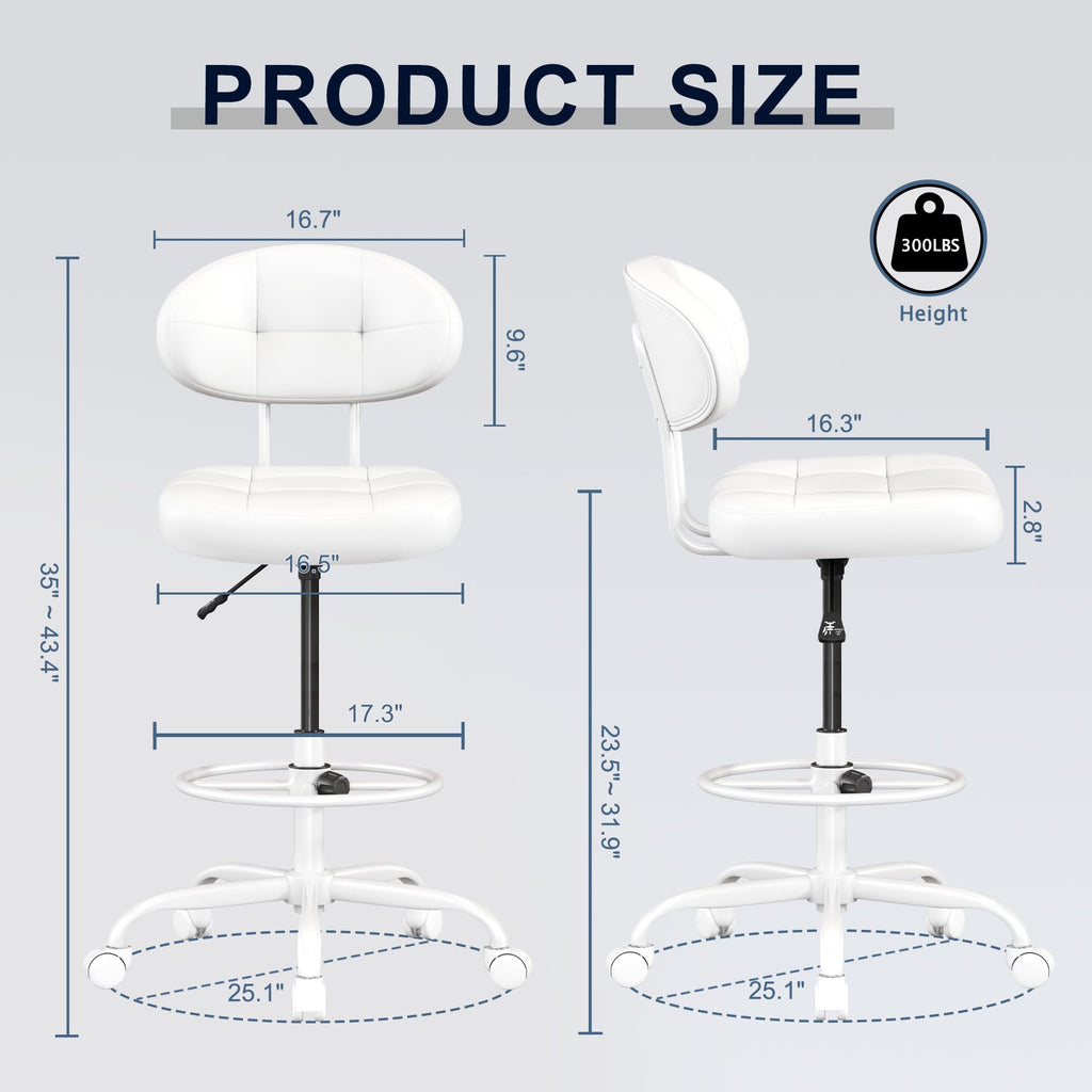 Drafting Chair, Armless Tall Office Chair with Footrest Ring for Standing Desk, Small Faux Leather Executive Computer Chair with Adjustable Height for Bar Lab Counter Height Desk, White