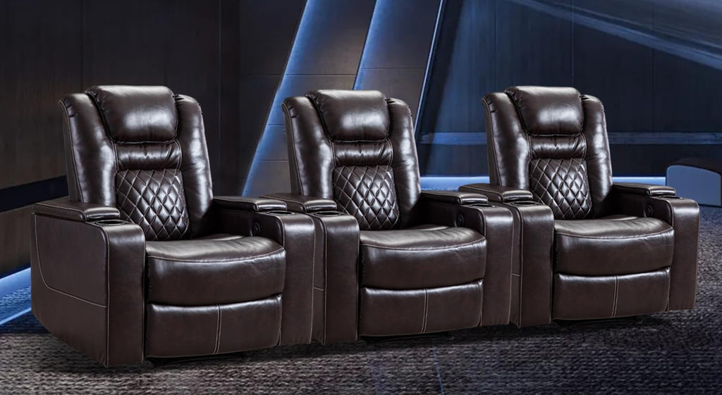 Electric Power Recliner Chair Set of 3, Breathable Leather Home Theater Seating with Hidden Arm Storage, Power Recliner Chair with USB Ports and Cup Holders for Living Room,Brown
