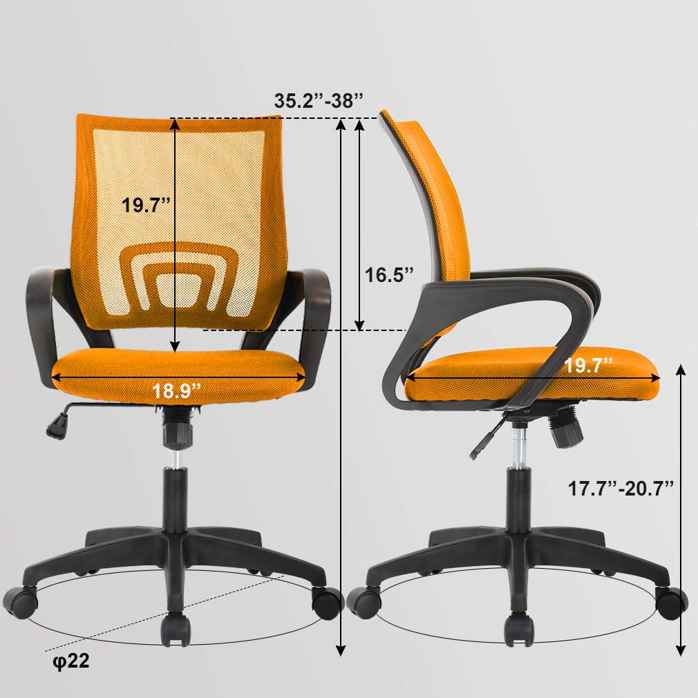 Ergonomic Office Chair | Mid-Back Swivel Desk Chair | Breathable Backrest & Lumbar Support | Adjustable Height | Sponge Seat | Rolling Wheels | Orange | for Adults & Women