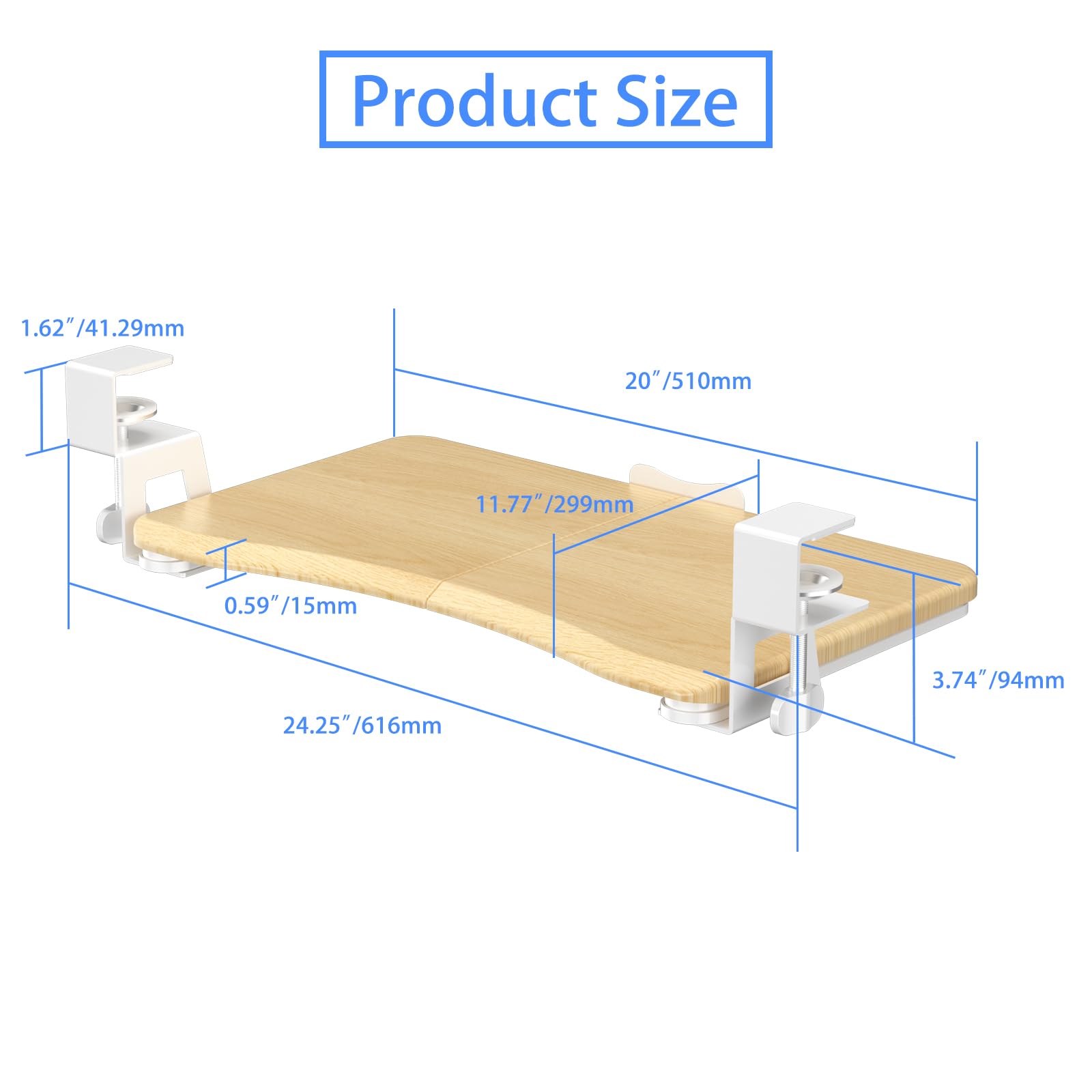 Small Keyboard Tray Under Desk Pull Out with C Clamp Mount for Computer Keyboard, 20 (24.2 Including Clamps) x 11.8 inch Slide-Out Platform Computer Drawer for Typing, Light Wood,