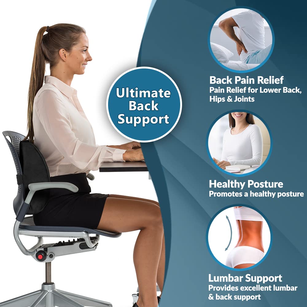 Lumbar Support Back Pillow Office Chair and Car Seat Cushion - Memory Foam with Adjustable Strap and Breathable 3D Mesh (Navy)