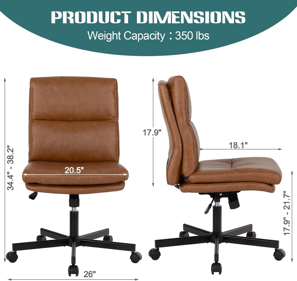 Armless Office Desk Chair with Wheels, Mid-Back Criss Cross Swivel Task Chair, Height Adjustable Cushioned Vanity Chair, Double Padded PU-Leather Chairs for Home, Office & Bedroom (Brown)
