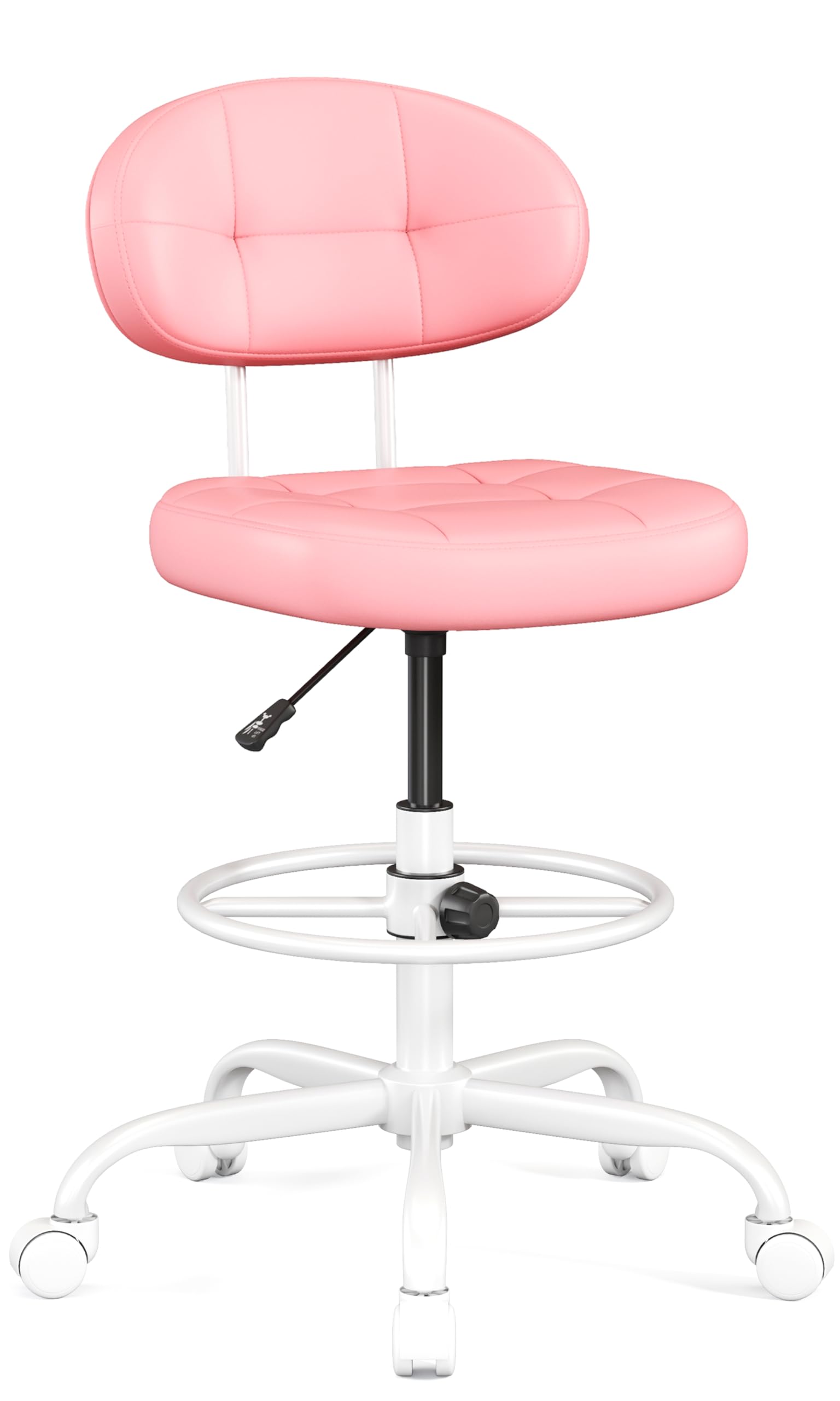 Drafting Chair, Armless Tall Office Chair with Footrest Ring for Standing Desk, Small Faux Leather Executive Computer Chair with Adjustable Height for Bar Lab Counter Height Desk, Pink