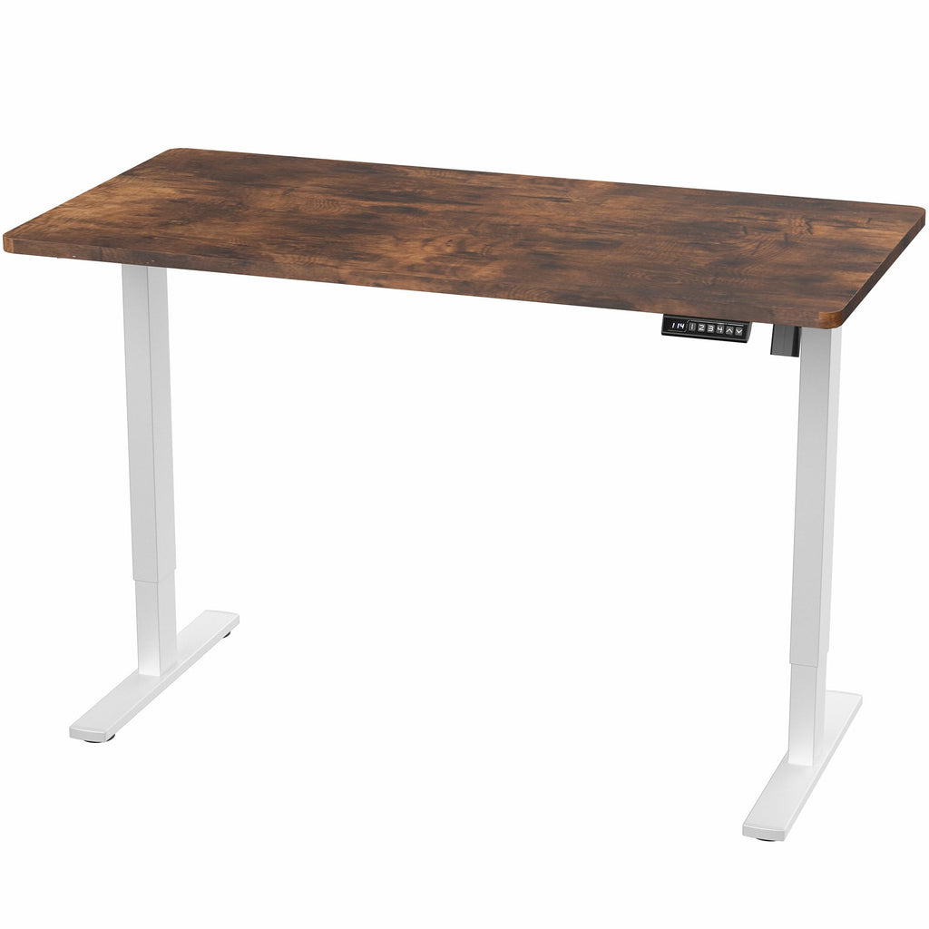 Electric 55 x 28 in Standing Desk, Memory Height Adjustment, 1B Series, Holds 220 lbs, One-Piece Rustic Vintage Brown Top, White Frame