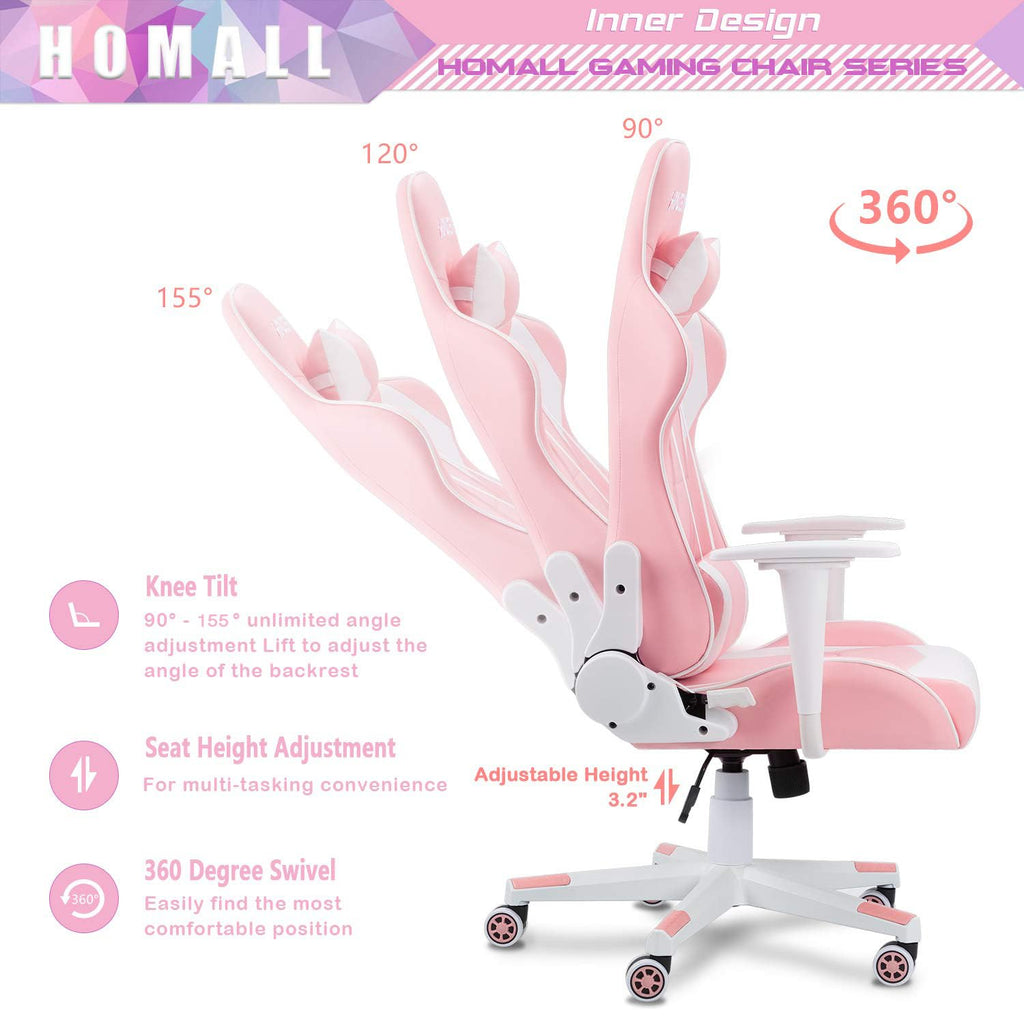Gaming Chair, Office Chair High Back Computer Chair Leather Desk Chair Racing Executive Ergonomic Adjustable Swivel Task Chair with Headrest and Lumbar Support(Pink)